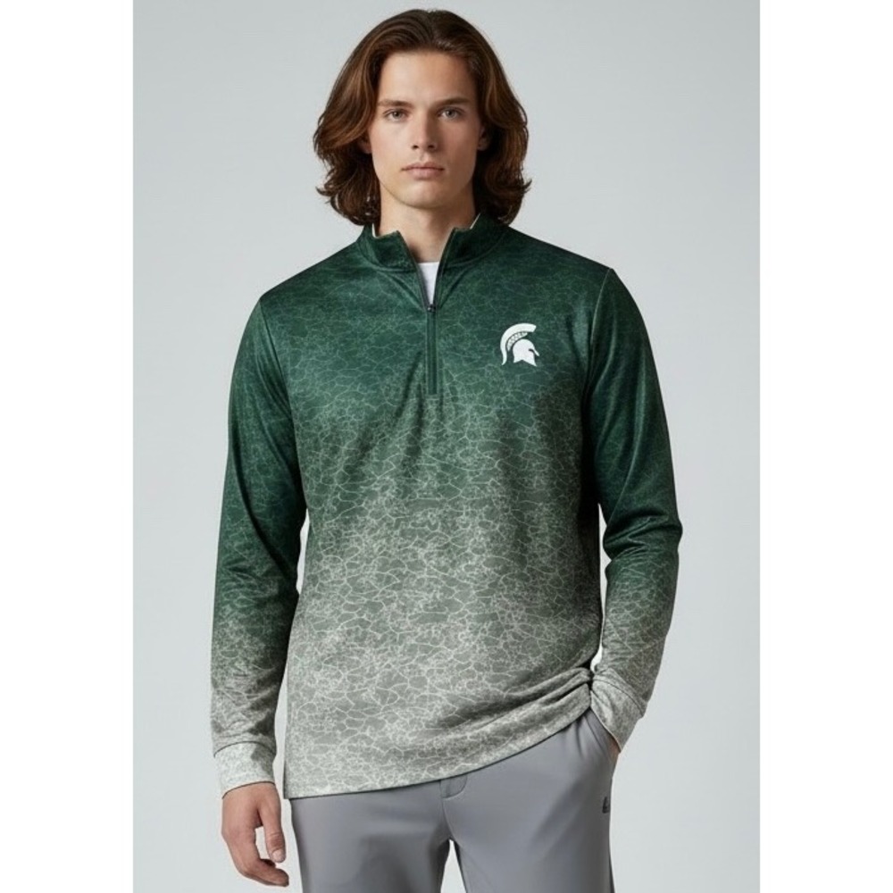 MICHIGAN STATE SPARTANS Mens Med Long Sleeve Green Ombre Crackle Quarter Zip